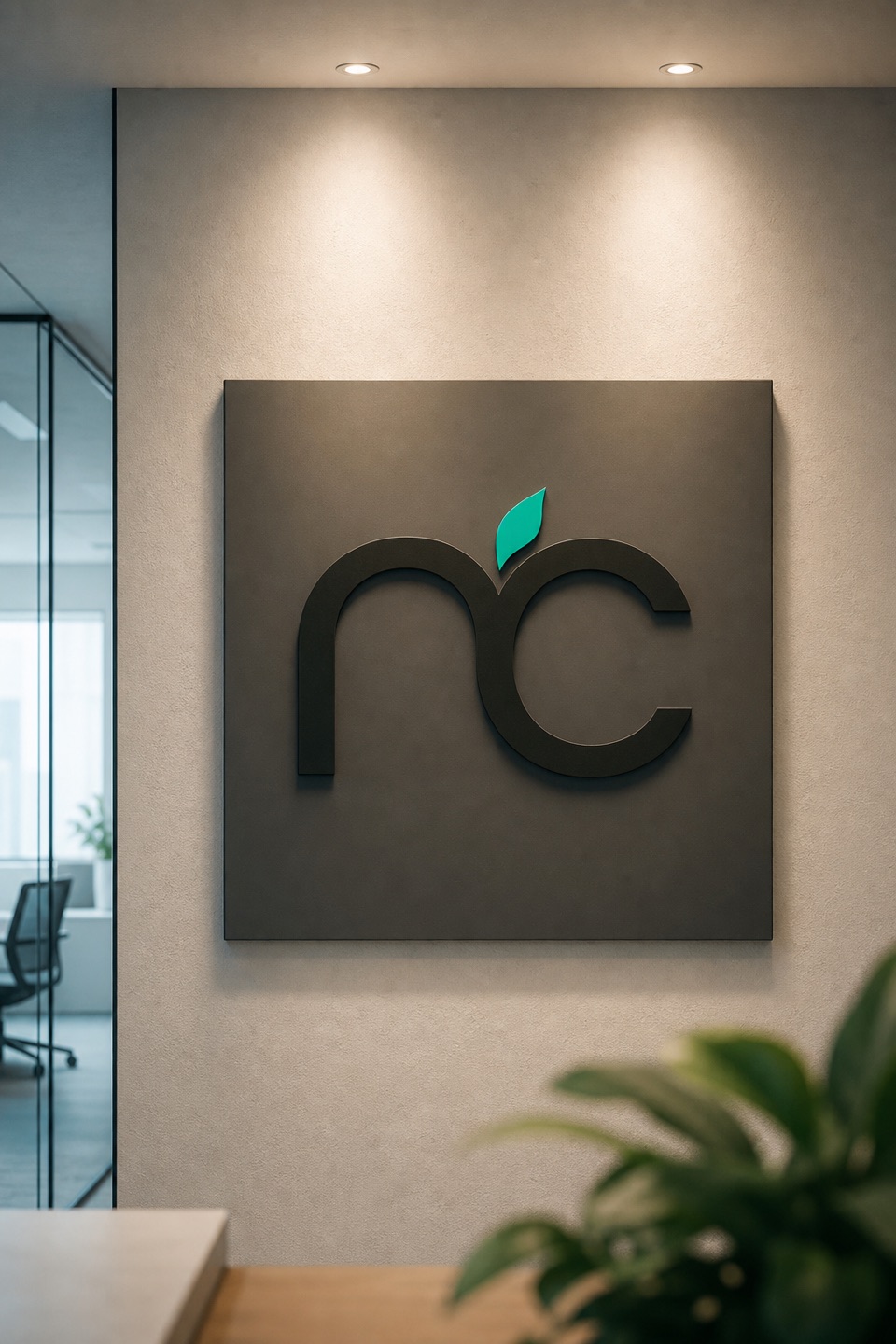 The Nuecrea mark lit on a wall in the studio.
