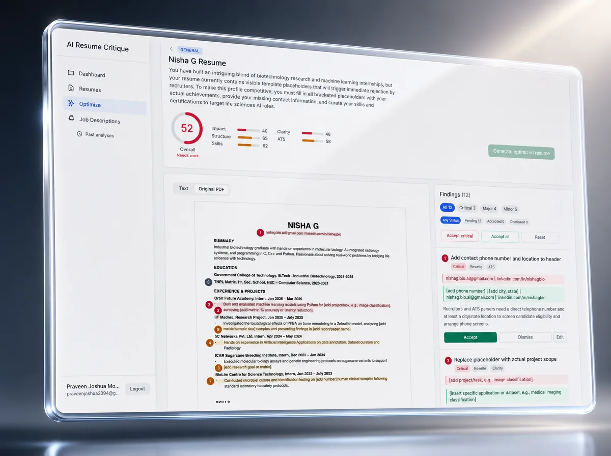 CVCritique giving AI feedback on an uploaded CV