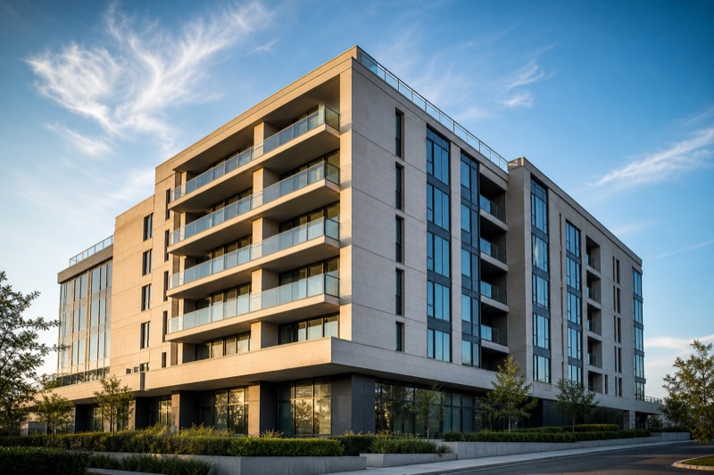 A modern mid-rise building exterior in late-afternoon light.