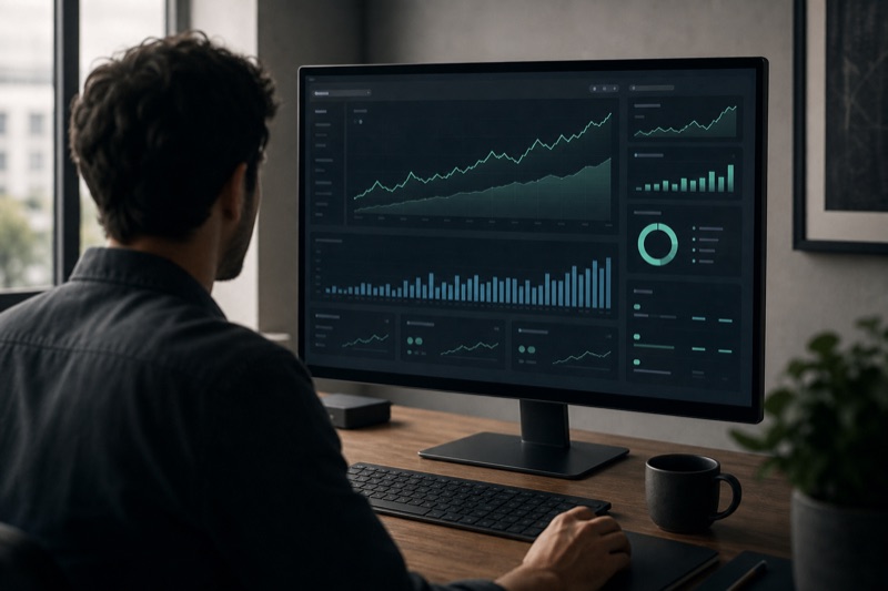 A designer reviewing an application interface on a large monitor.